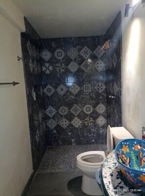 Bathroom features a toilet and a sink with a decorative bowl.