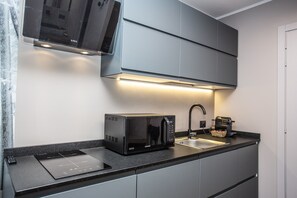 Kühlschrank, Mikrowelle, Herdplatte, Geschirrspüler