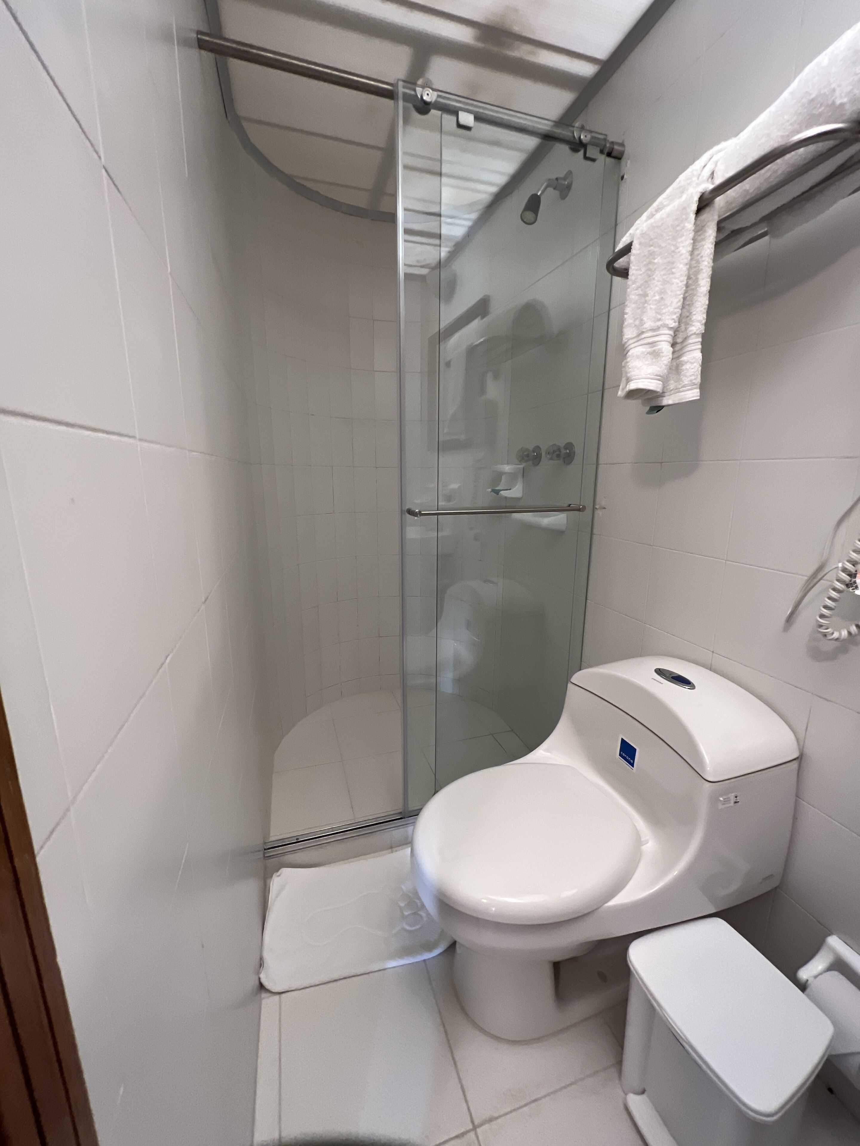 Un baño con ducha de mampara, inodoro y bidé.