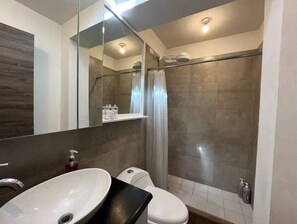 Features a large mirror, a white sink, and a shower area with a shelf for toiletries.