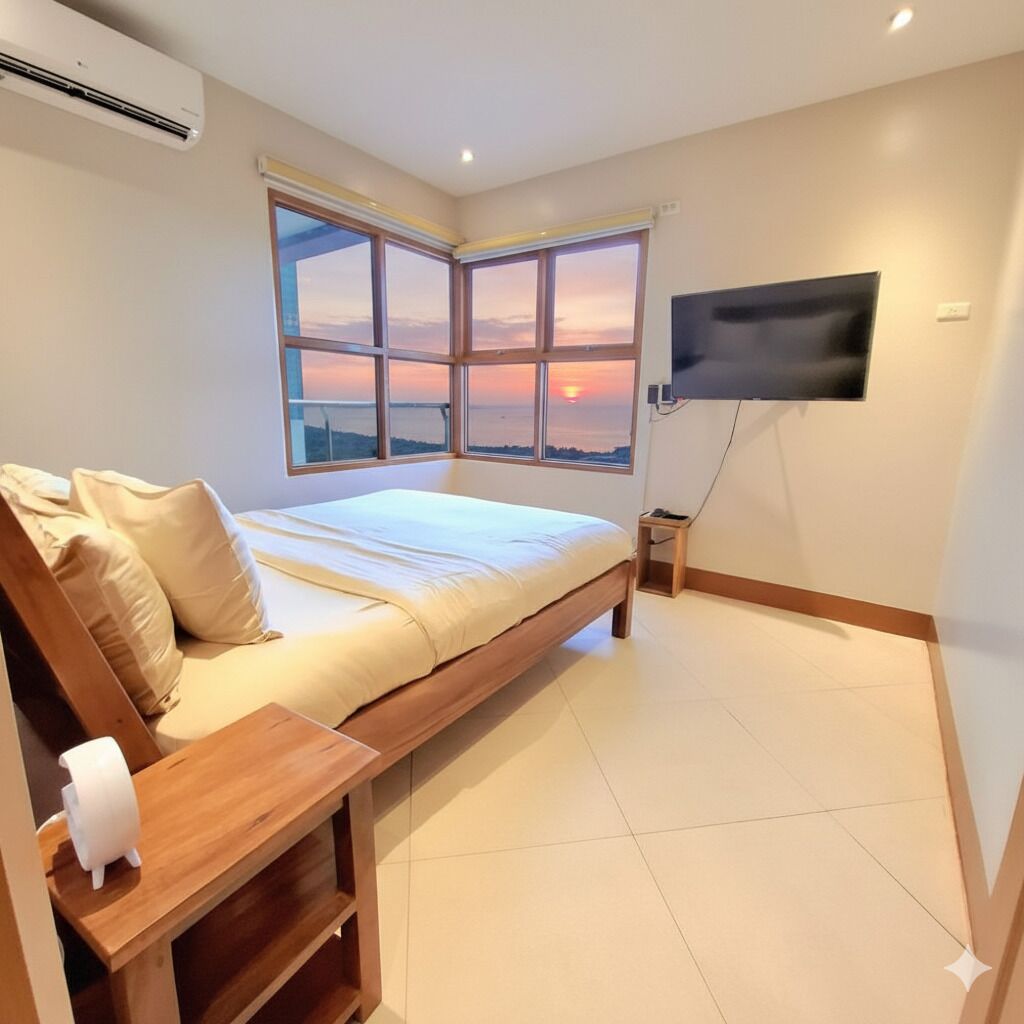 A bedroom with a bed, a TV, a window with a sunset view, and a wooden bench.