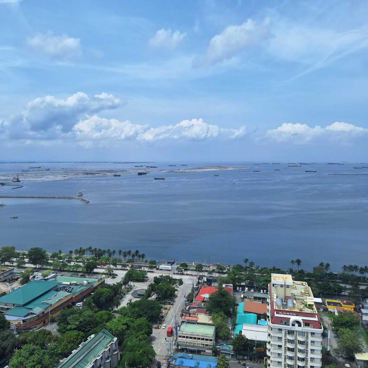 Un paisaje urbano costero con un puerto deportivo, edificios y palmeras.