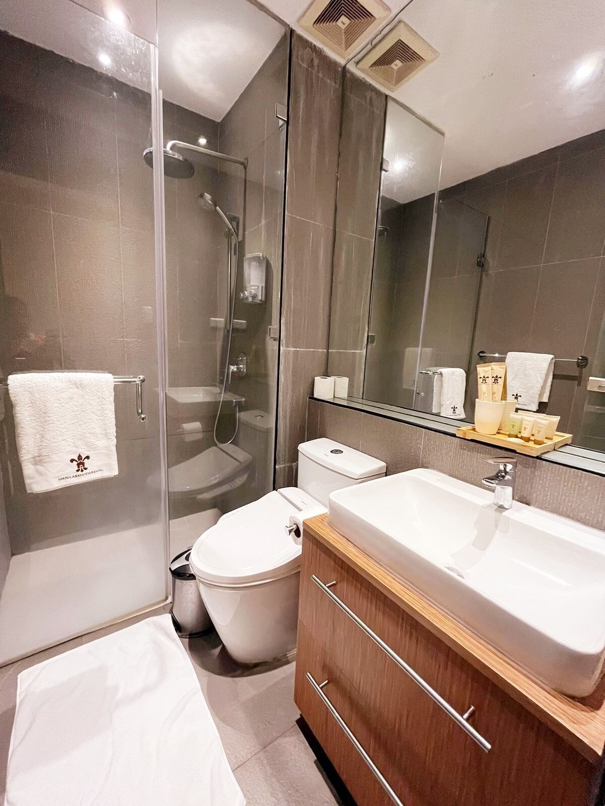 A modern bathroom with a glass-enclosed shower, a toilet, a sink, and a vanity with storage.