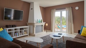 Un salon avec une cheminée, un téléviseur à écran plat et un canapé.