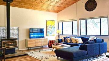 Smart TV, fireplace, books, stereo