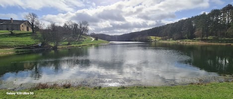 A serene lake with a grassy bank, a stone building on the left, and a forested hill on the right.