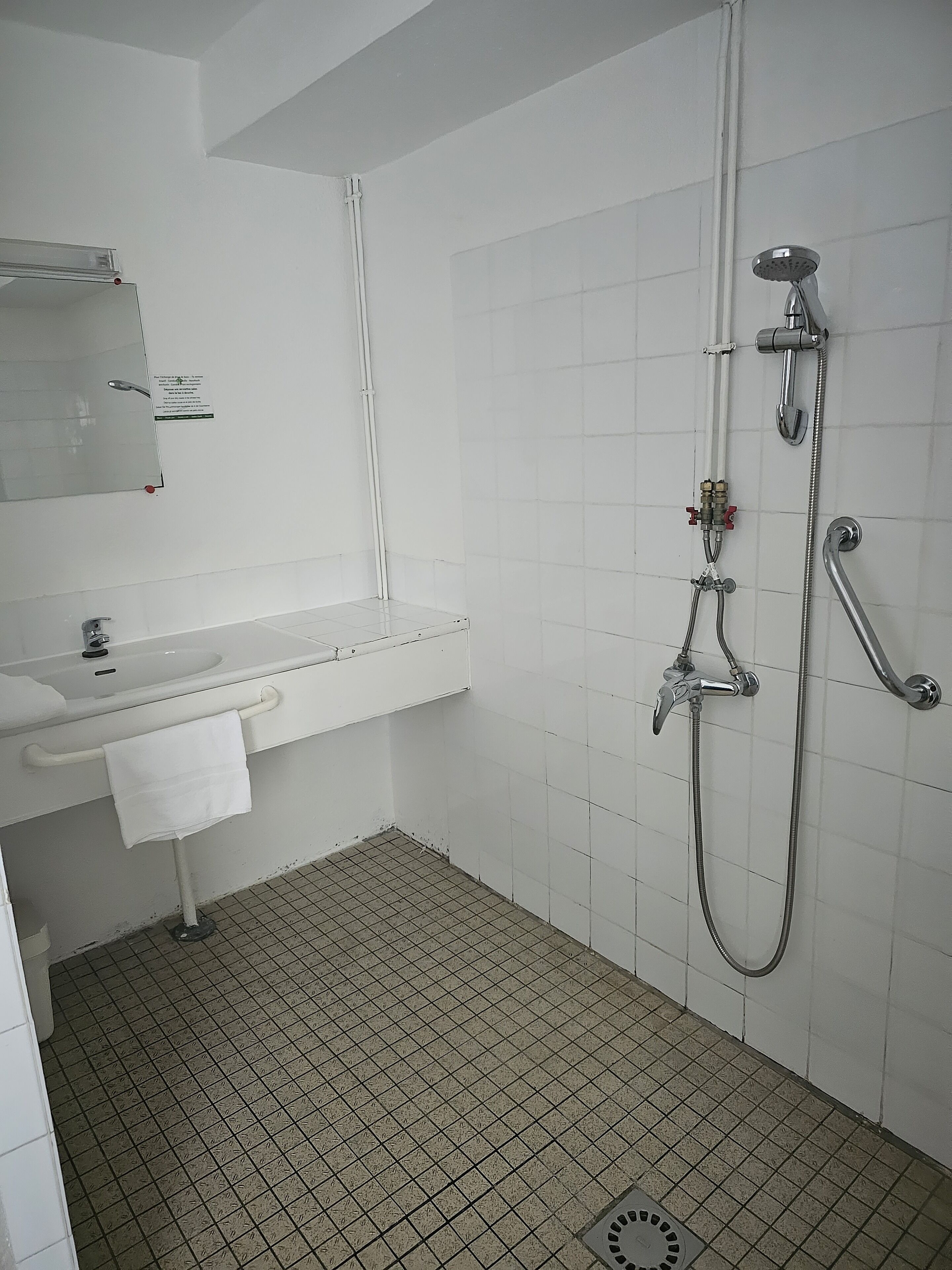 Une salle de bain avec un lavabo blanc, un miroir et une douche.