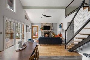 Télévision, cheminée, chaîne hi-fi