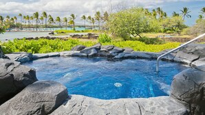Un jacuzzi rodeado de rocas y follaje, con vistas a palmeras y una masa de agua al fondo.