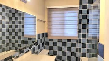 Hair dryer, towels, soap, shampoo