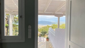 Ein Durchgang zu einem Balkon mit Steinboden und Kübelpflanzen.