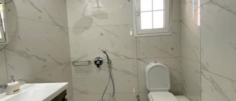 A modern bathroom with a shower, toilet, and vanity.
