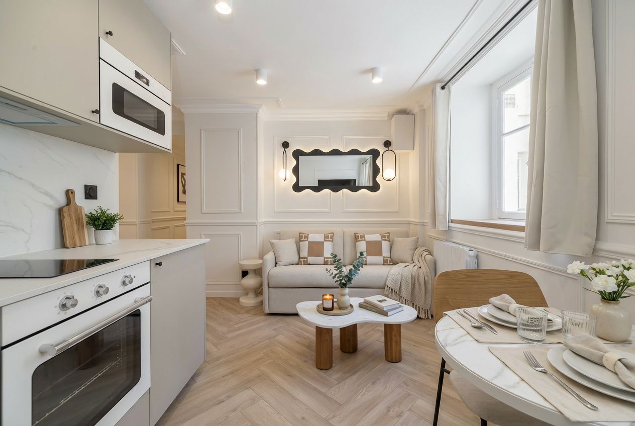 Una cucina moderna con forno integrato, un'area pranzo con tavolo imbandito per quattro persone e un divano sullo sfondo.