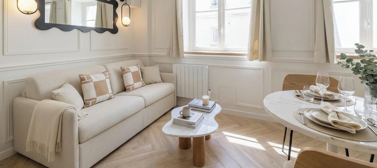 Una sala de estar con sofá, mesa de centro y mesa de comedor lista para una comida.