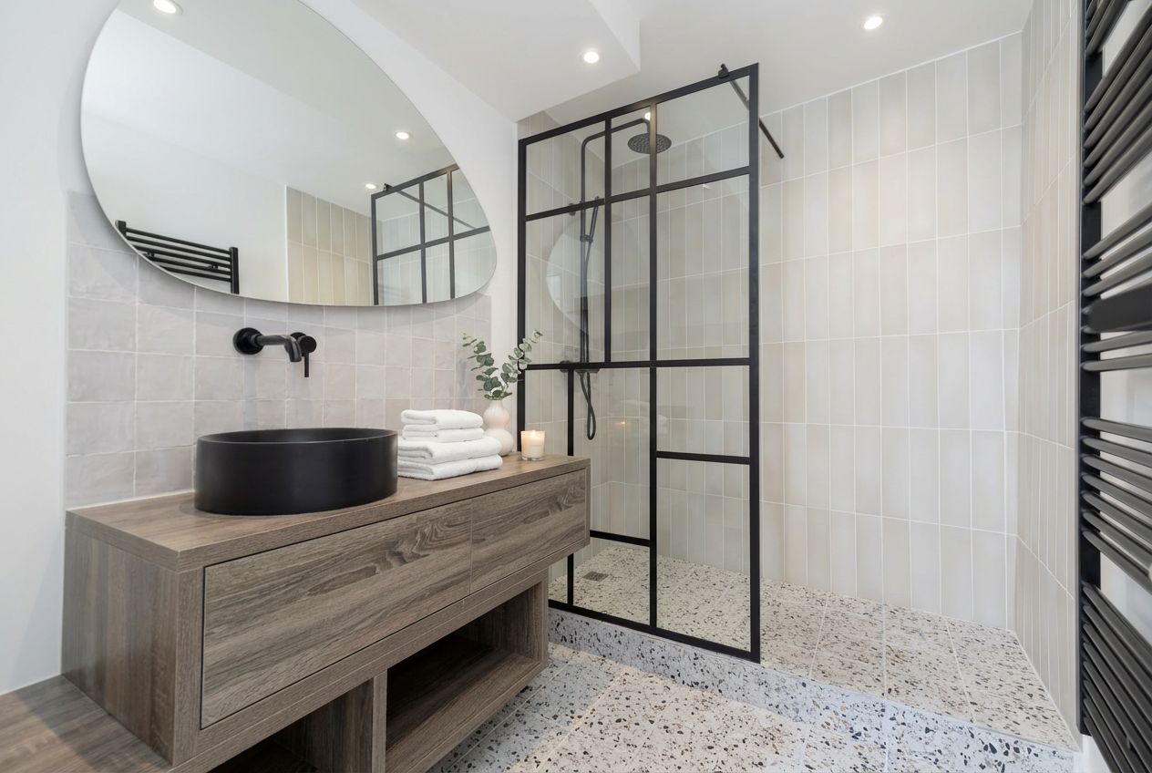 Une salle de bain moderne avec un meuble-lavabo en bois, un miroir rond, une cabine de douche en verre et un sol carrelé.