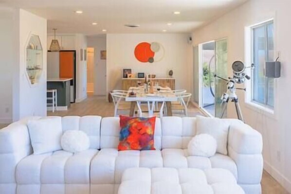 Télévision, cheminée, lecteur de DVD, livres