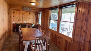 Un intérieur en bois comprenant une table à manger, des chaises et un panneau indiquant la direction du lac.