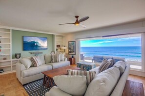 TV, fireplace, books