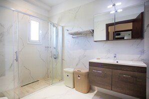 Shower, hair dryer, towels