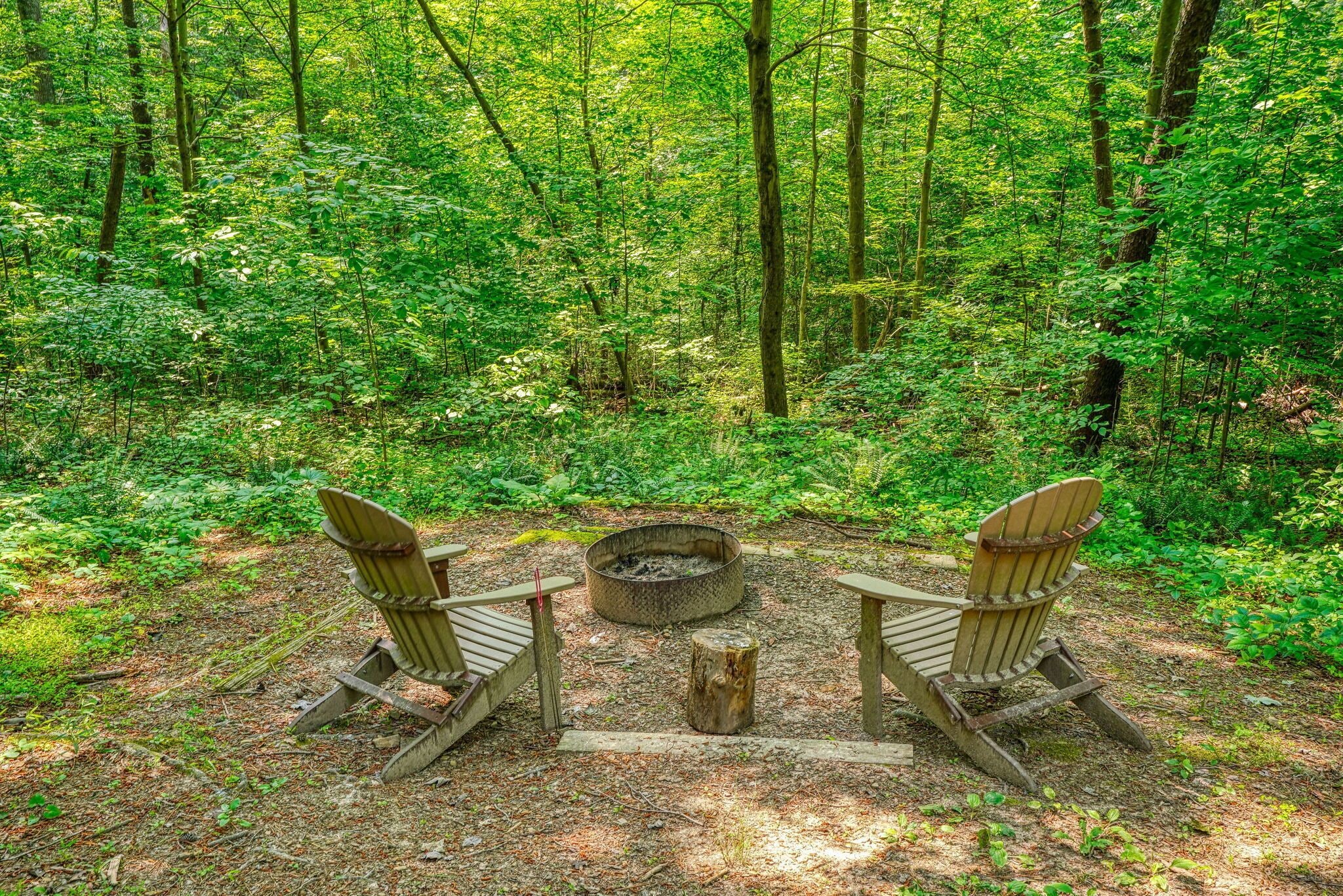 Escena de bosque con dos sillas Adirondack mirando hacia una fogata.