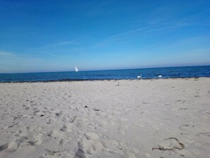En sandstrand med fodaftryk, en sejlbåd i det fjerne, og en klar blå himmel.