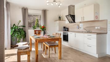 Een koelkast, een oven, een kookplaat, een vaatwasser