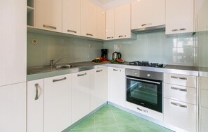 Fridge, stovetop, dishwasher, coffee/tea maker