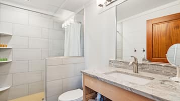 Douche, séchoir à cheveux, serviettes fournies