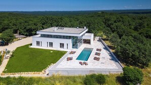 Une maison moderne à deux étages, dotée d’une grande façade vitrée, d’une piscine et d’une pelouse bien entretenue.