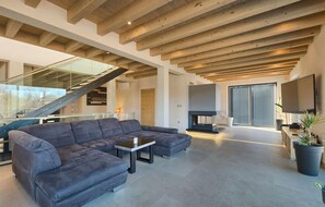 TV, fireplace, DVD player, foosball