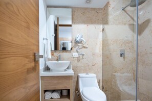 Shower, hair dryer, towels