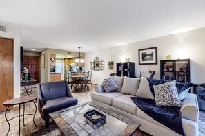 TV, caminetto, libri, impianto stereo