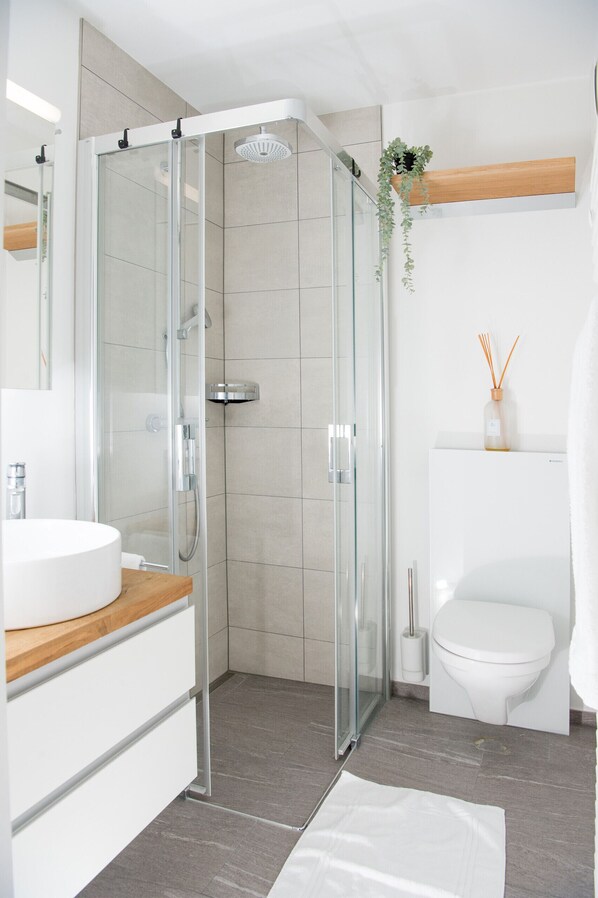 A modern bathroom with a glass-enclosed shower, a wooden vanity, a white sink, and a toilet. - Cozy alpine apartment with fireplace (Lenzerheide/Lai)