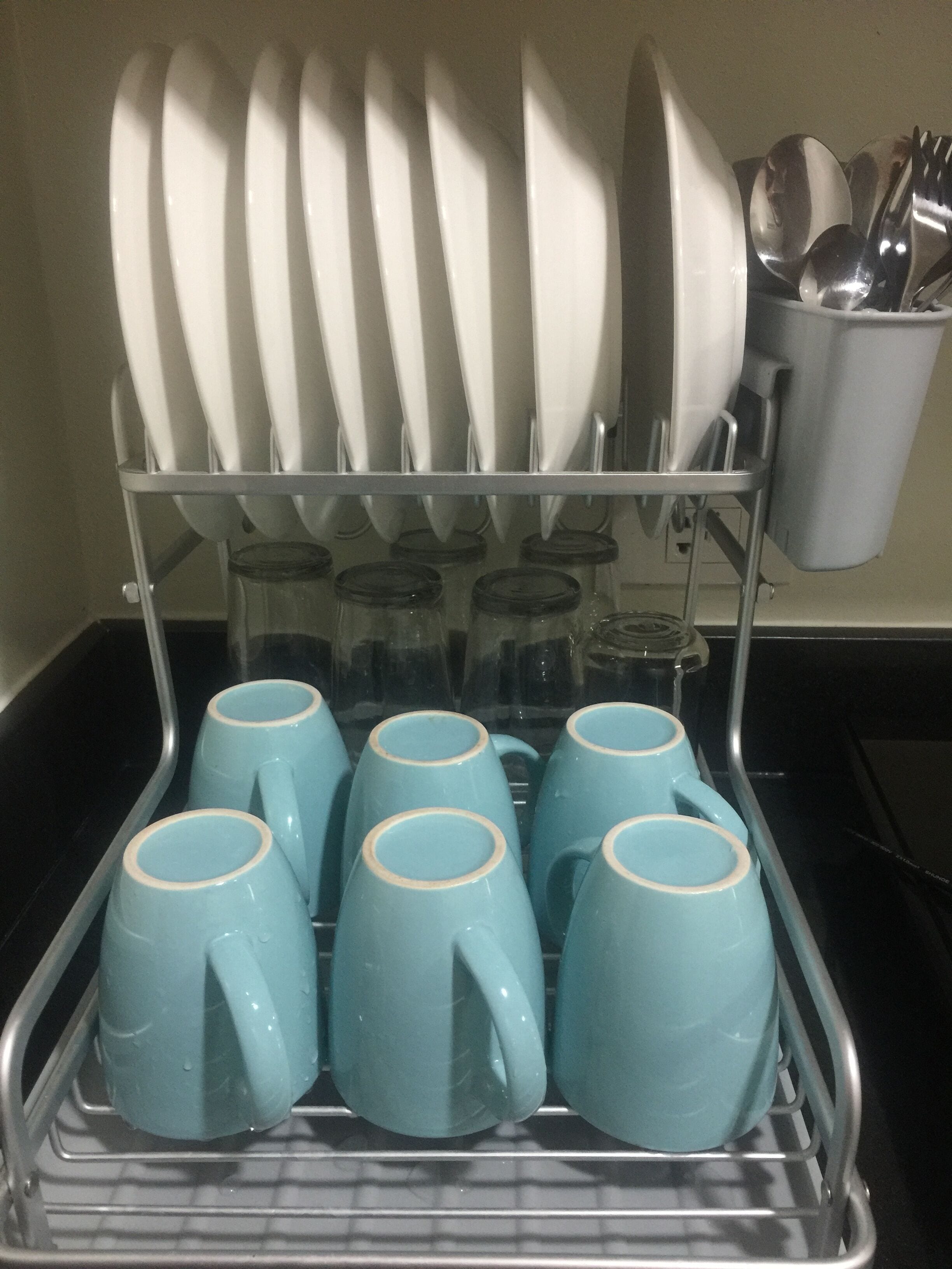 A kitchen with a dish rack holding plates and a mug rack with six mugs.