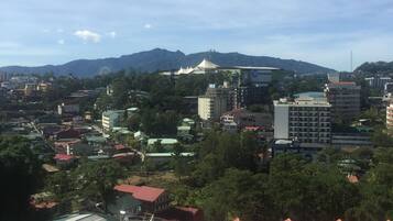 A cityscape with buildings, trees, and mountains in the background.