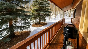 Eine Holzterrasse mit schneebedecktem Untergrund, umgeben von immergrünen Bäumen, und ein Propan-Grill auf der rechten Seite.