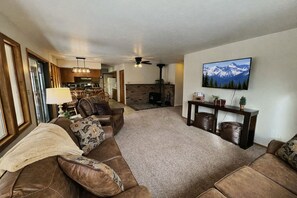 TV, fireplace, table football, ping pong