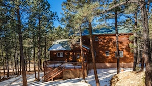 A cabin with a deck and stairs, surrounded by trees and snow.