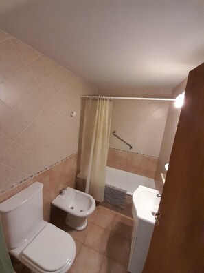 Hair dryer, bidet, towels, soap