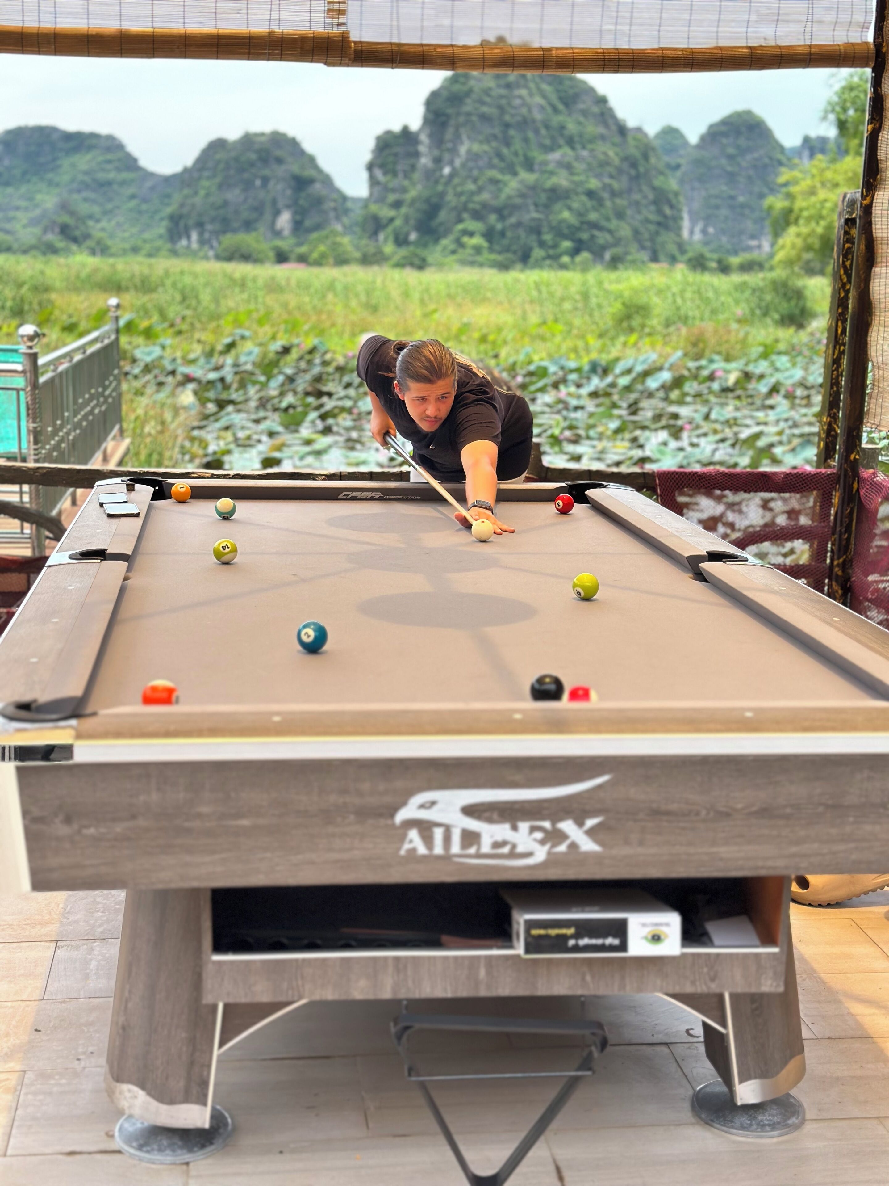 A pool table with a logo, surrounded by a netted area with a view of a green landscape and water.