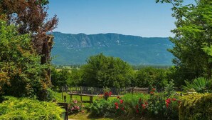 A stone pathway leading to a rustic wooden gate with a view of mountains in the background.