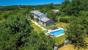 Une maison à deux étages avec une piscine, entourée d’arbres denses et sous un ciel dégagé.