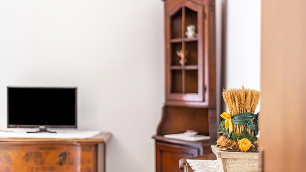 Una stanza con un armadio in legno, una televisione su un comò e un vaso decorativo con piante essiccate.