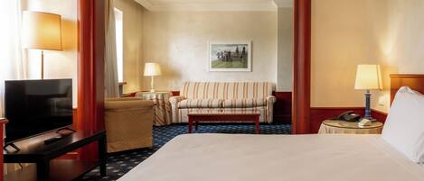 Habitación de hotel con una cama grande, televisión, sofá, una mesita y un cuadro en la pared.