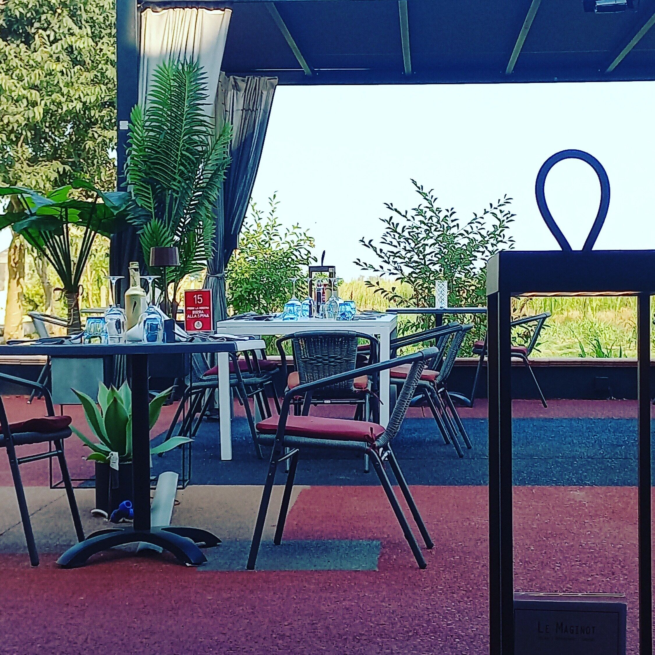 Un espacio de comedor al aire libre con mesas y sillas, plantas en macetas y vistas a zonas verdes.