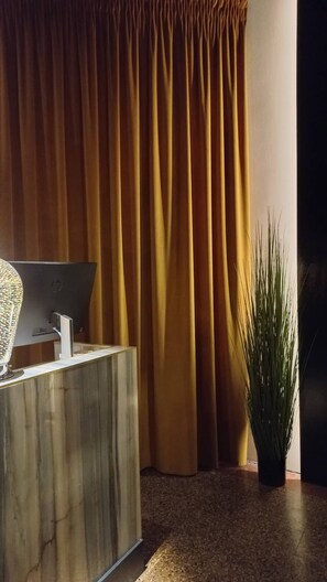 A reception desk with a computer, a potted plant, and a curtain.
