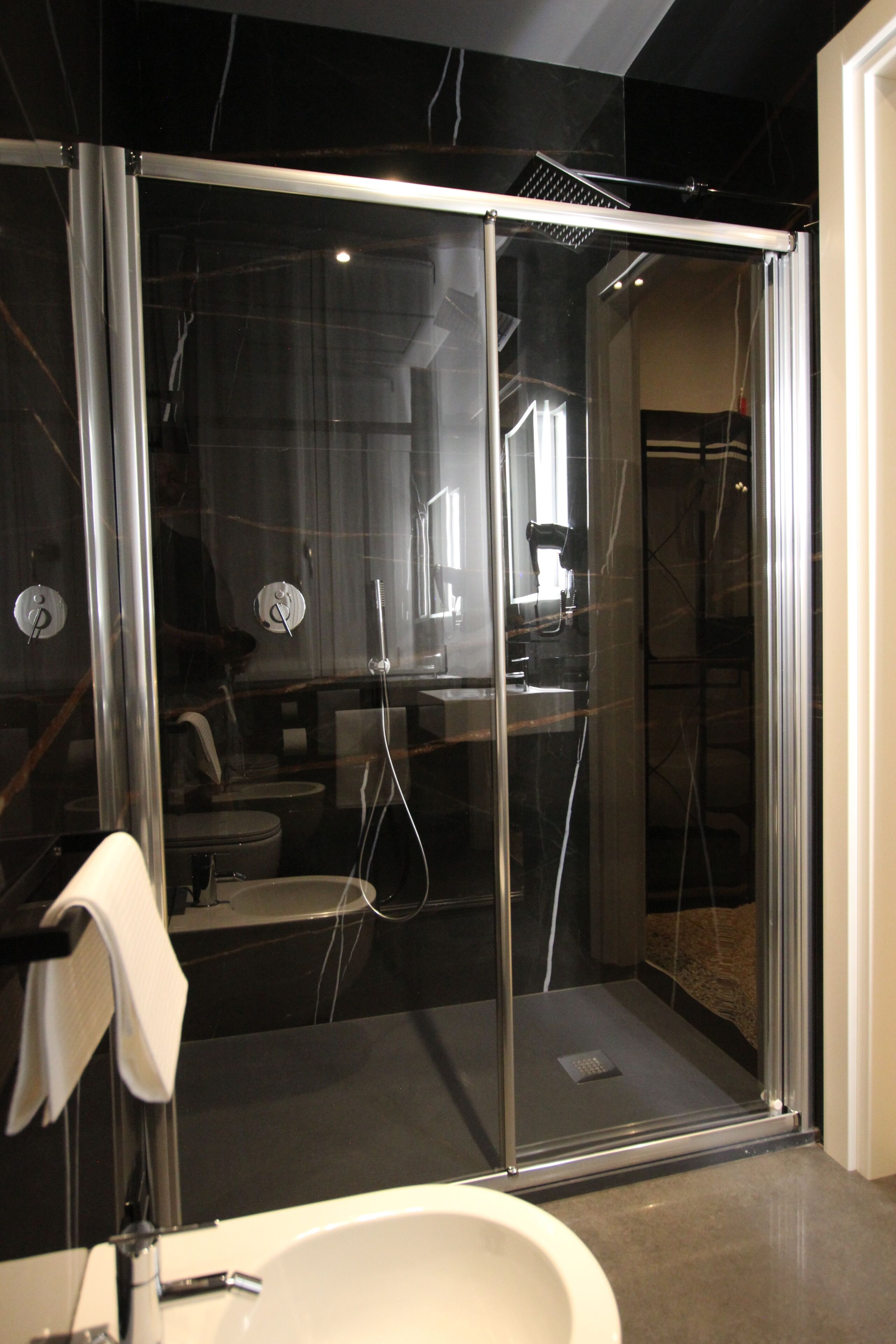 Une salle de bain moderne avec une douche à parois de verre, un lavabo blanc et des toilettes apparentes.