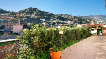 Un quartier résidentiel offrant une vue sur une colline, avec un chemin piétonnier pavé et un pot de fleurs.