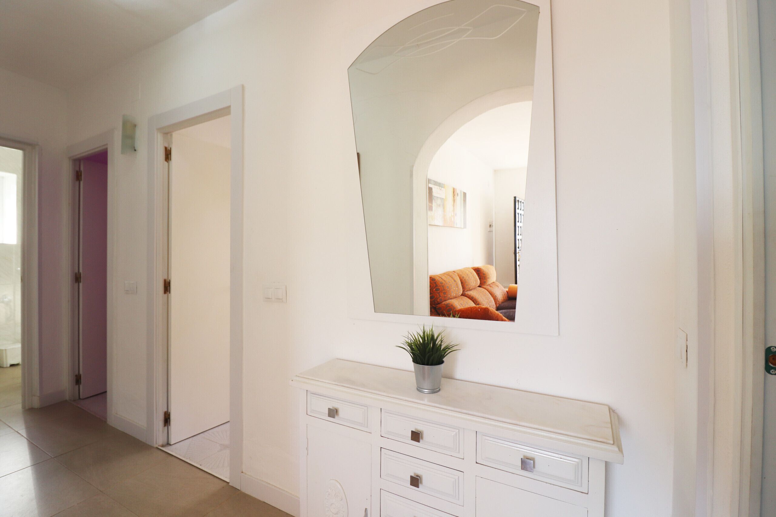 A hallway with white walls, a large mirror, and a white console table with a plant.