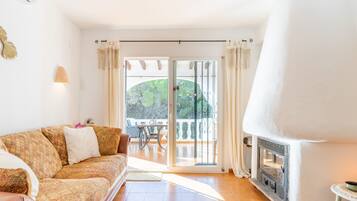 Een televisie, een open haard en een dvd-speler